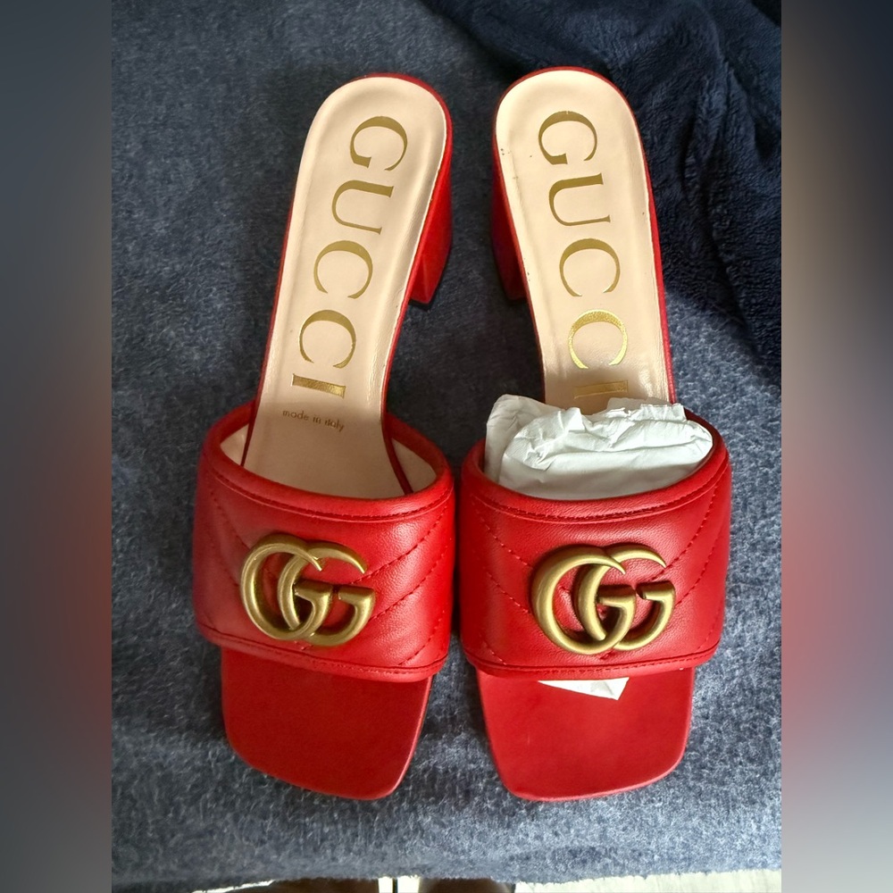 Gucci Red Leather Mules with Gold Logo